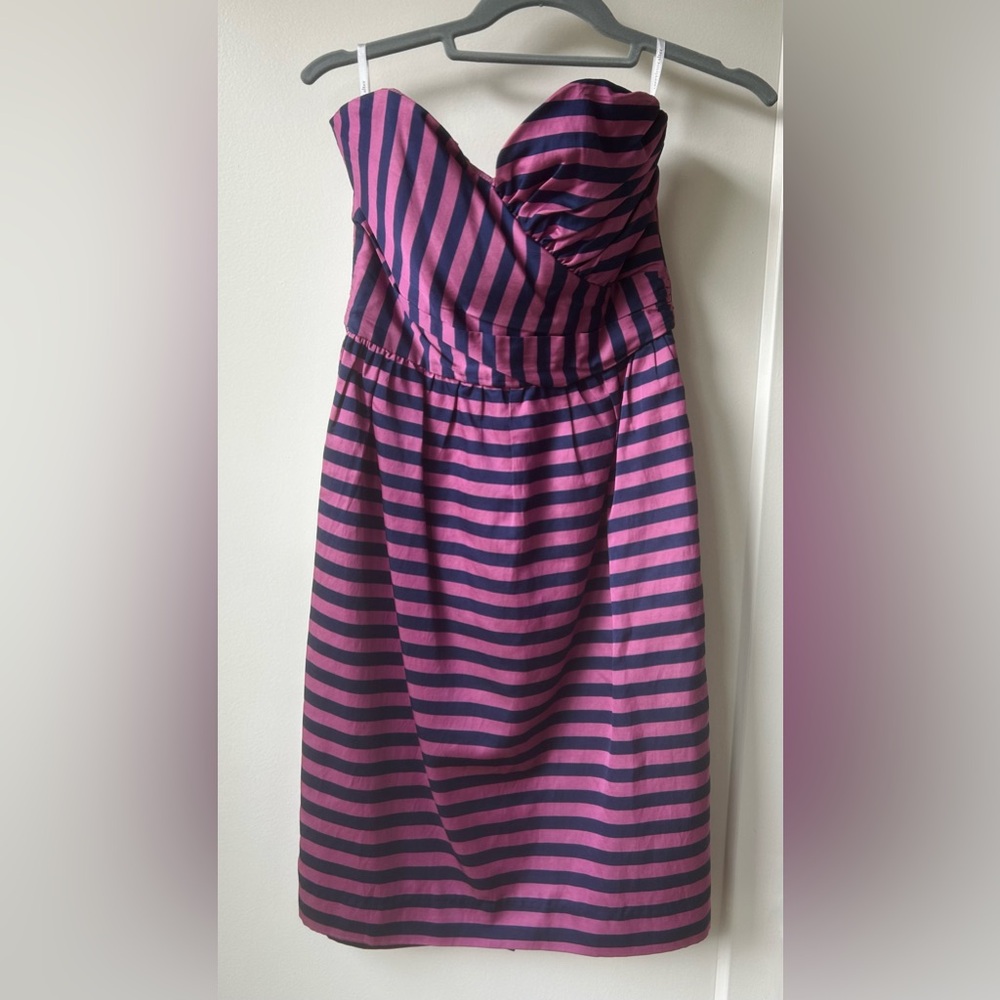Corey Lynn Calter pink and navy satin striped strapless cocktail dress, size 6